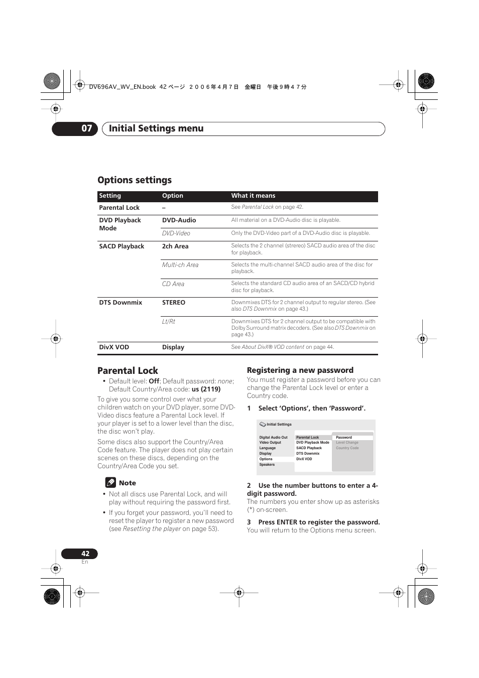 Options settings, Parental lock, Initial settings menu 07 | Options settings parental lock, Registering a new password | Pioneer DV-696AV-S User Manual | Page 42 / 64