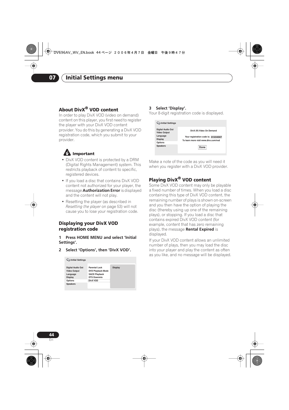 Initial settings menu 07, About divx, Vod content | Displaying your divx vod registration code, Playing divx | Pioneer DV-696AV-S User Manual | Page 44 / 64