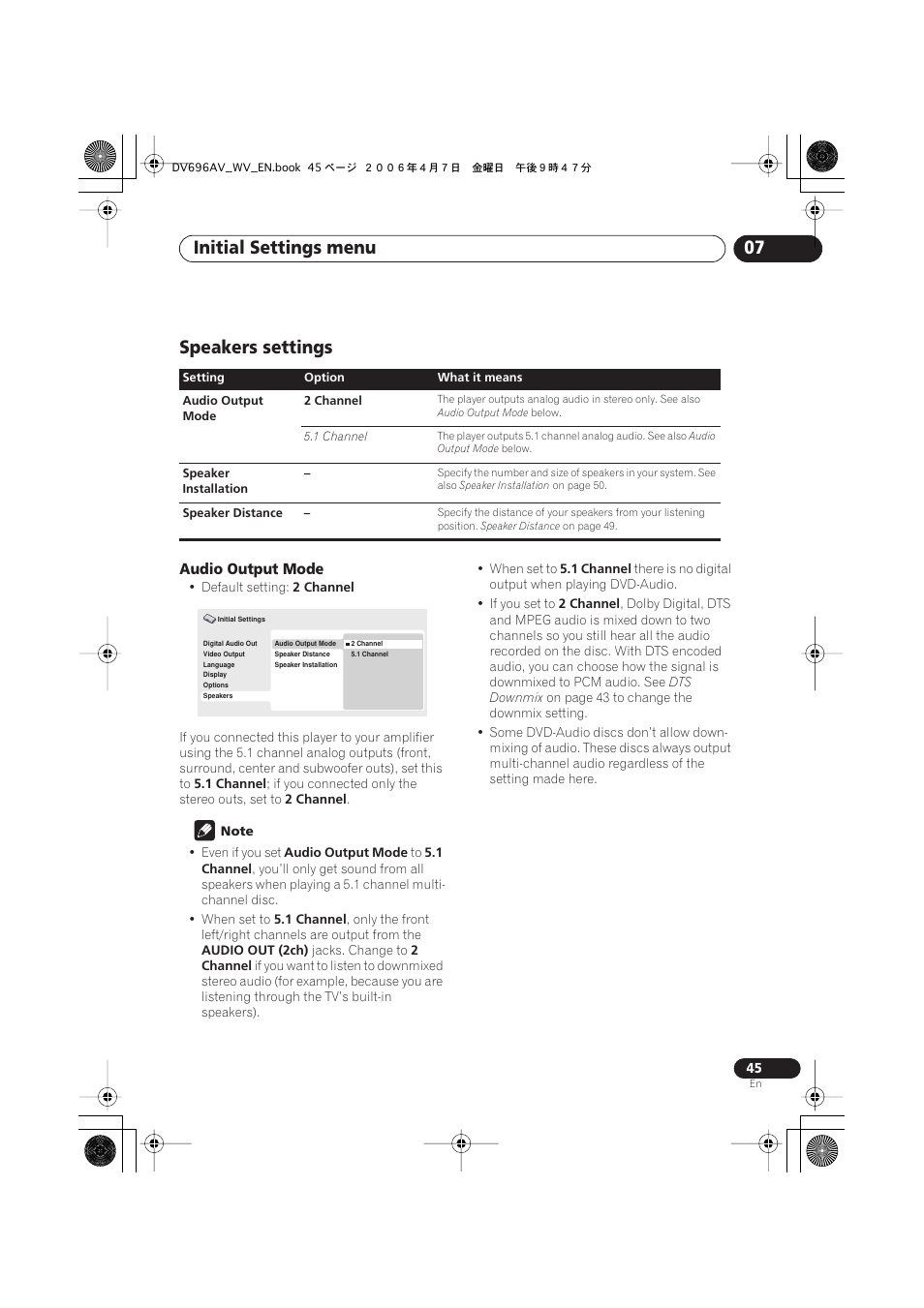 Speakers settings, Initial settings menu 07, Audio output mode | Pioneer DV-696AV-S User Manual | Page 45 / 64
