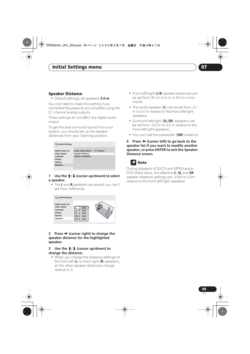 Initial settings menu 07, Speaker distance | Pioneer DV-696AV-S User Manual | Page 49 / 64