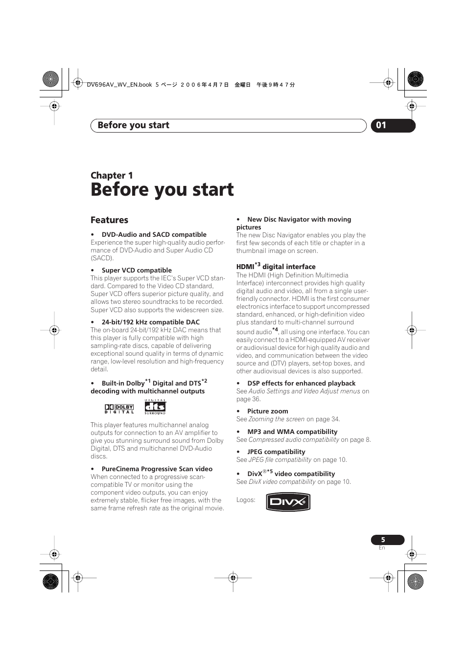 01 before you start, Features, Before you start | Before you start 01, Chapter 1 | Pioneer DV-696AV-S User Manual | Page 5 / 64