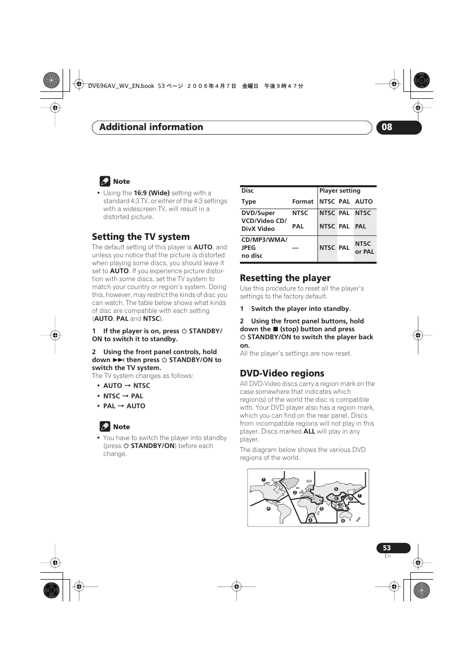 Setting the tv system, Resetting the player, Dvd-video regions | Additional information 08 | Pioneer DV-696AV-S User Manual | Page 53 / 64