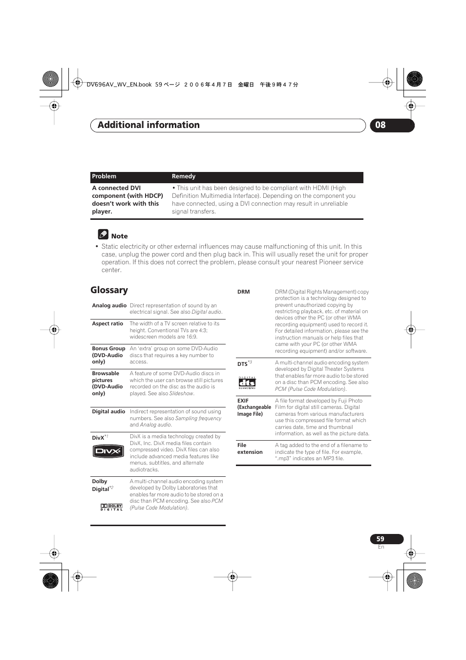 Glossary, Additional information 08 | Pioneer DV-696AV-S User Manual | Page 59 / 64
