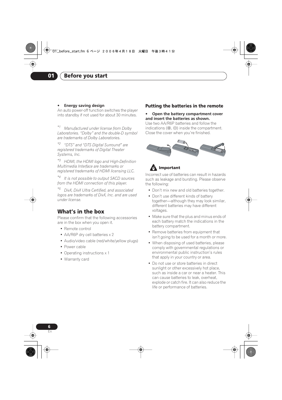 What’s in the box, Before you start 01 | Pioneer DV-696AV-S User Manual | Page 6 / 64