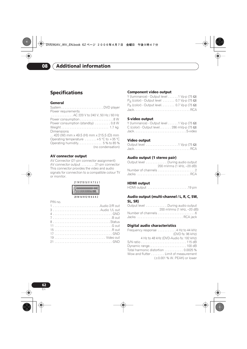 Specifications, Additional information 08 | Pioneer DV-696AV-S User Manual | Page 62 / 64