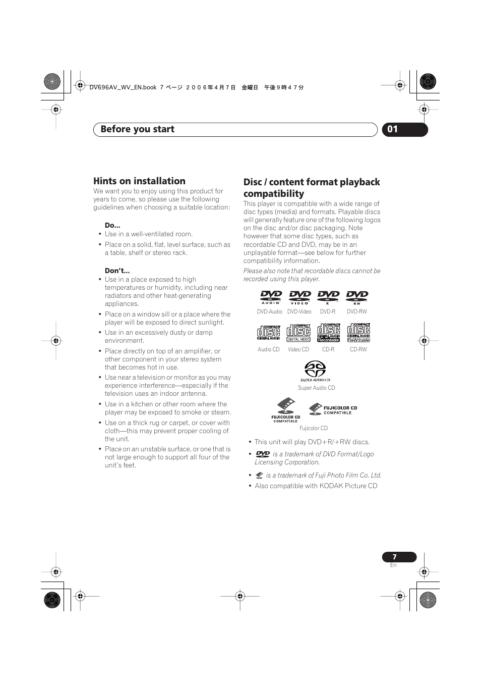 Hints on installation, Disc / content format playback compatibility, Before you start 01 | Pioneer DV-696AV-S User Manual | Page 7 / 64