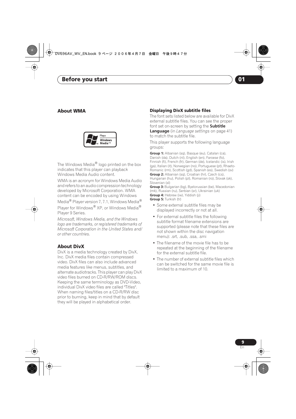 Before you start 01, About wma, About divx | Pioneer DV-696AV-S User Manual | Page 9 / 64