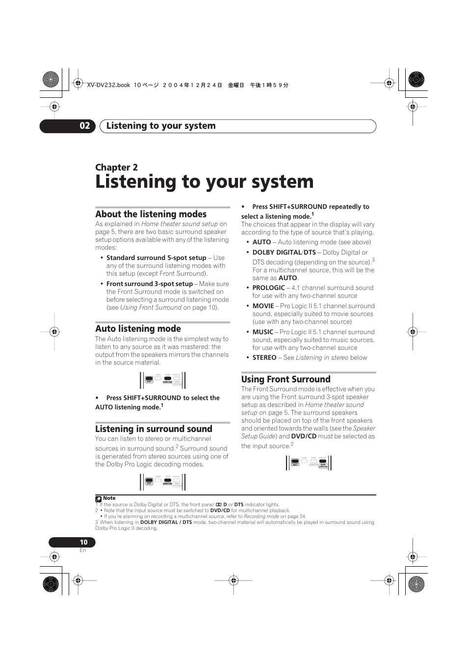 02 listening to your system, About the listening modes, Auto listening mode | Listening in surround sound, Using front surround, Listening to your system, Listening to your system 02, Chapter 2 | Pioneer DCS-240 User Manual | Page 10 / 120