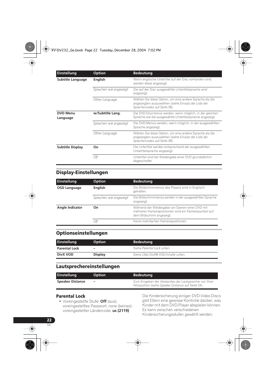 Display-einstellungen, Optionseinstellungen, Lautsprechereinstellungen | Parental lock | Pioneer DCS-240 User Manual | Page 100 / 120