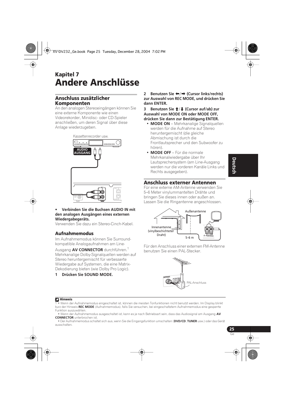 07 andere anschlüsse, Anschluss zusätzlicher komponenten, Aufnahmemodus | Anschluss externer antennen, Andere anschlüsse, Kapitel 7, English français deutsch | Pioneer DCS-240 User Manual | Page 103 / 120