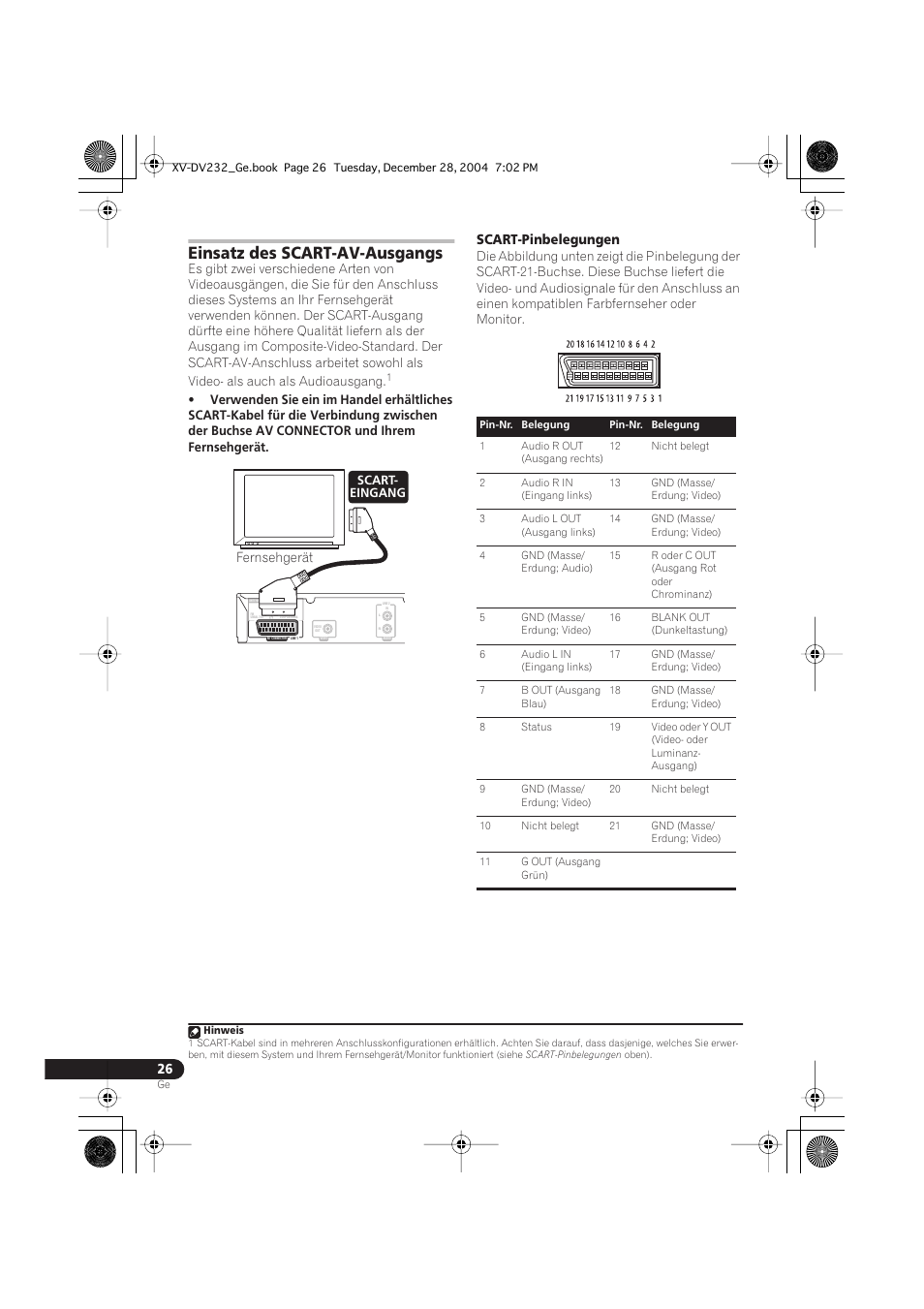 Einsatz des scart-av-ausgangs, Scart-pinbelegungen, Fernsehgerät | Pioneer DCS-240 User Manual | Page 104 / 120