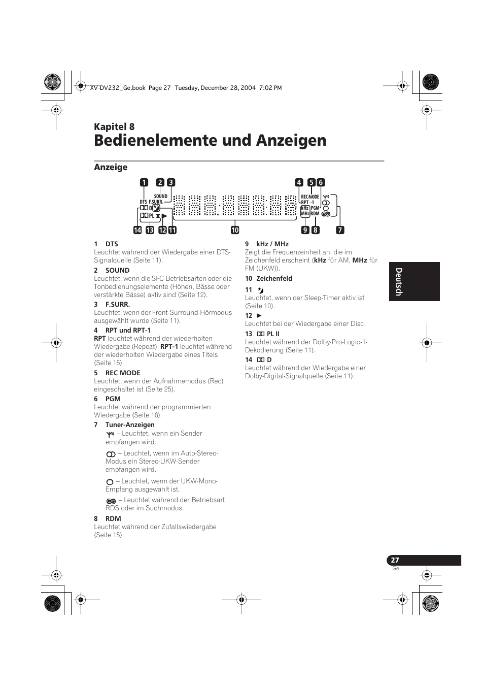 08 bedienelemente und anzeigen, Anzeige, Bedienelemente und anzeigen | Kapitel 8 | Pioneer DCS-240 User Manual | Page 105 / 120