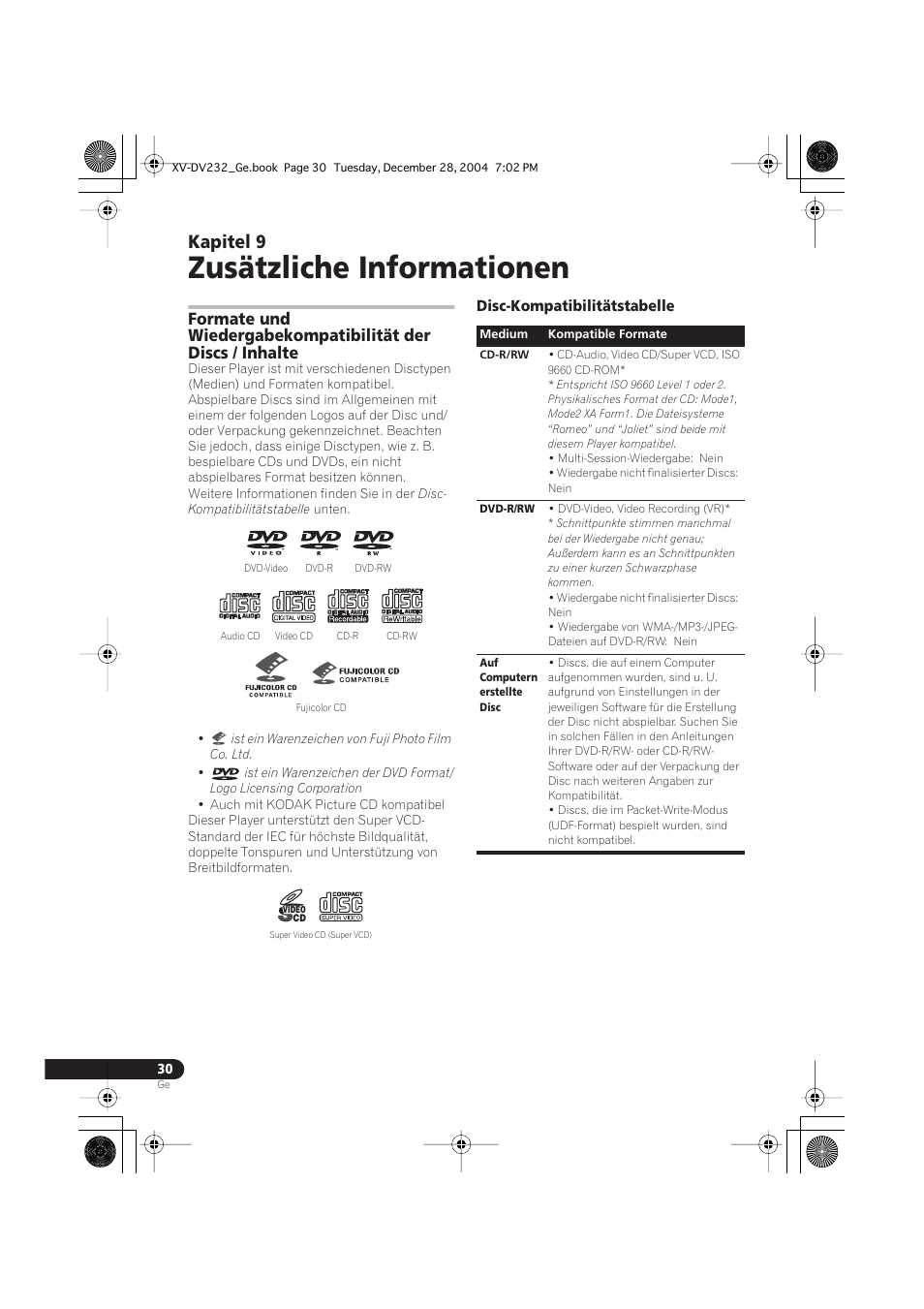 09 zusätzliche informationen, Disc-kompatibilitätstabelle, Zusätzliche informationen | Kapitel 9 | Pioneer DCS-240 User Manual | Page 108 / 120