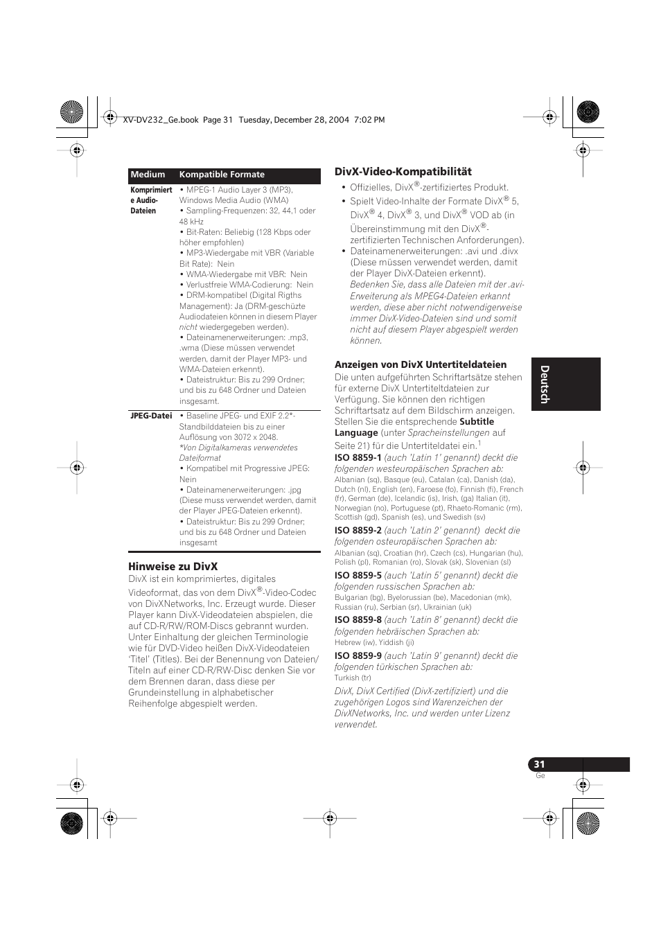 Hinweise zu divx, Divx-video-kompatibilität | Pioneer DCS-240 User Manual | Page 109 / 120