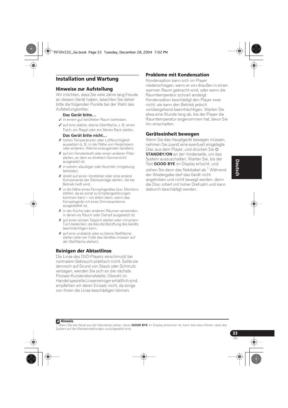 Installation und wartung, Hinweise zur aufstellung, Reinigen der abtastlinse | Probleme mit kondensation, Geräteeinheit bewegen | Pioneer DCS-240 User Manual | Page 111 / 120