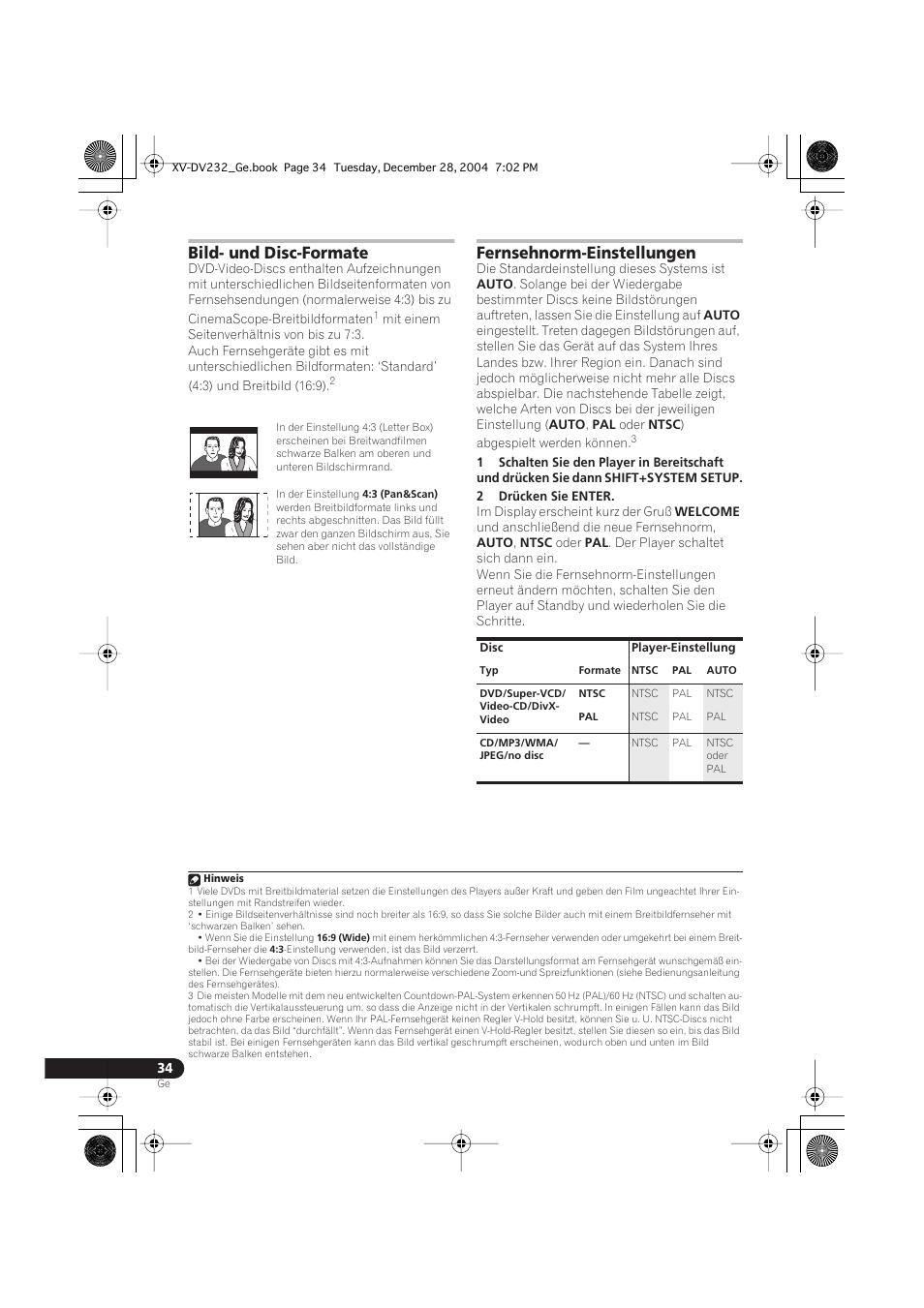 Bild- und disc-formate, Fernsehnorm-einstellungen | Pioneer DCS-240 User Manual | Page 112 / 120