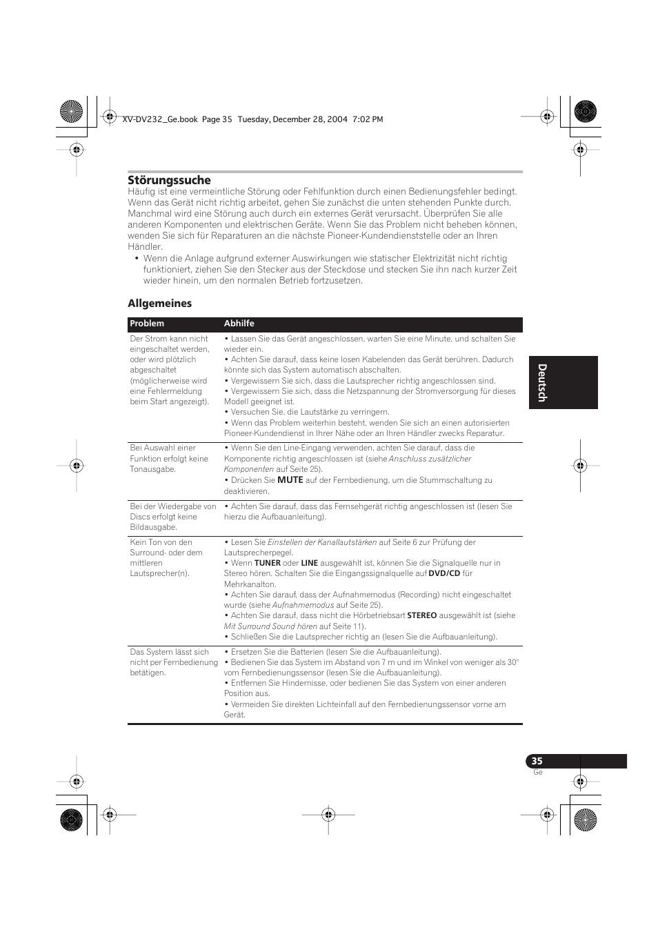 Störungssuche, Allgemeines, English français deutsch | Pioneer DCS-240 User Manual | Page 113 / 120