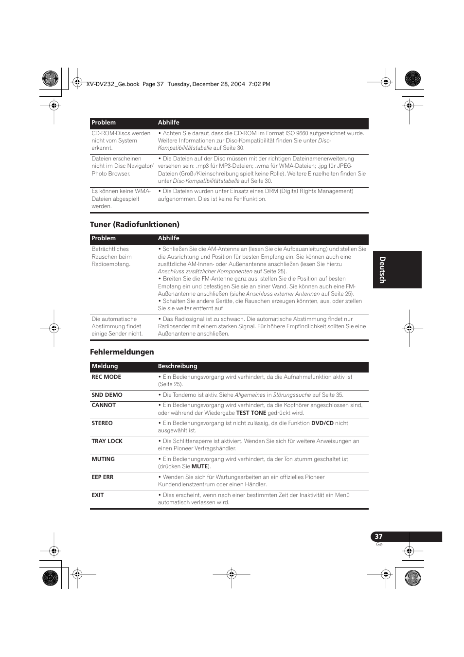 Tuner (radiofunktionen), Fehlermeldungen, English français deutsch | Tuner (radiofunktionen) fehlermeldungen | Pioneer DCS-240 User Manual | Page 115 / 120