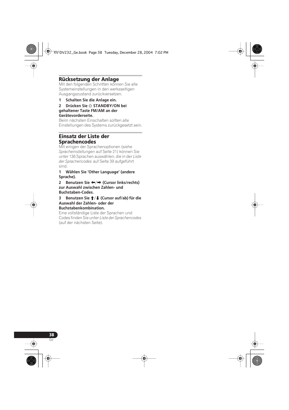 Rücksetzung der anlage, Einsatz der liste der sprachencodes | Pioneer DCS-240 User Manual | Page 116 / 120