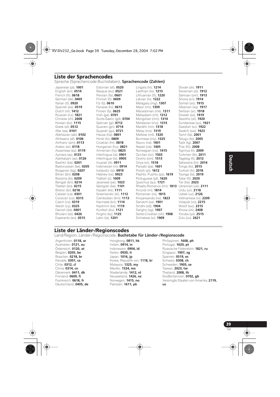 Liste der sprachencodes, Liste der länder-/regionscodes, English français deutsch | Pioneer DCS-240 User Manual | Page 117 / 120