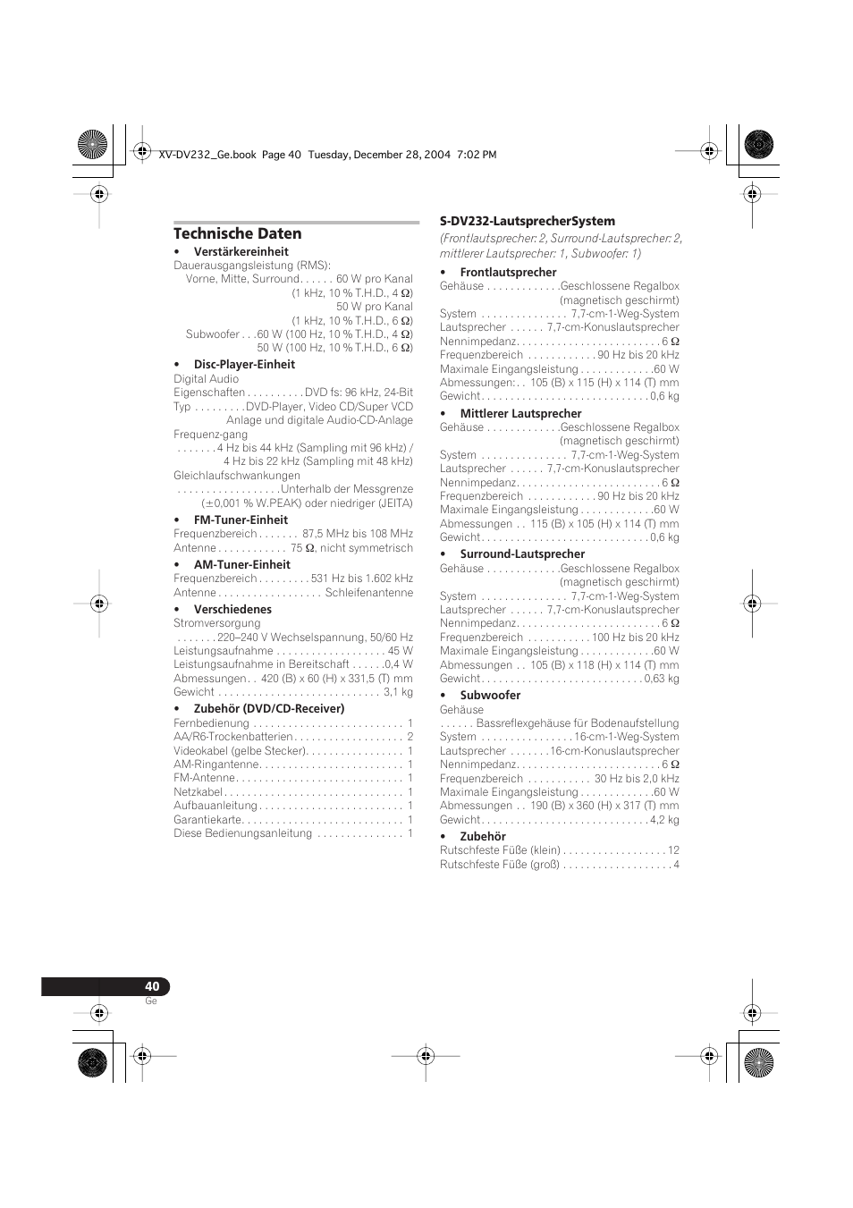 Technische daten | Pioneer DCS-240 User Manual | Page 118 / 120
