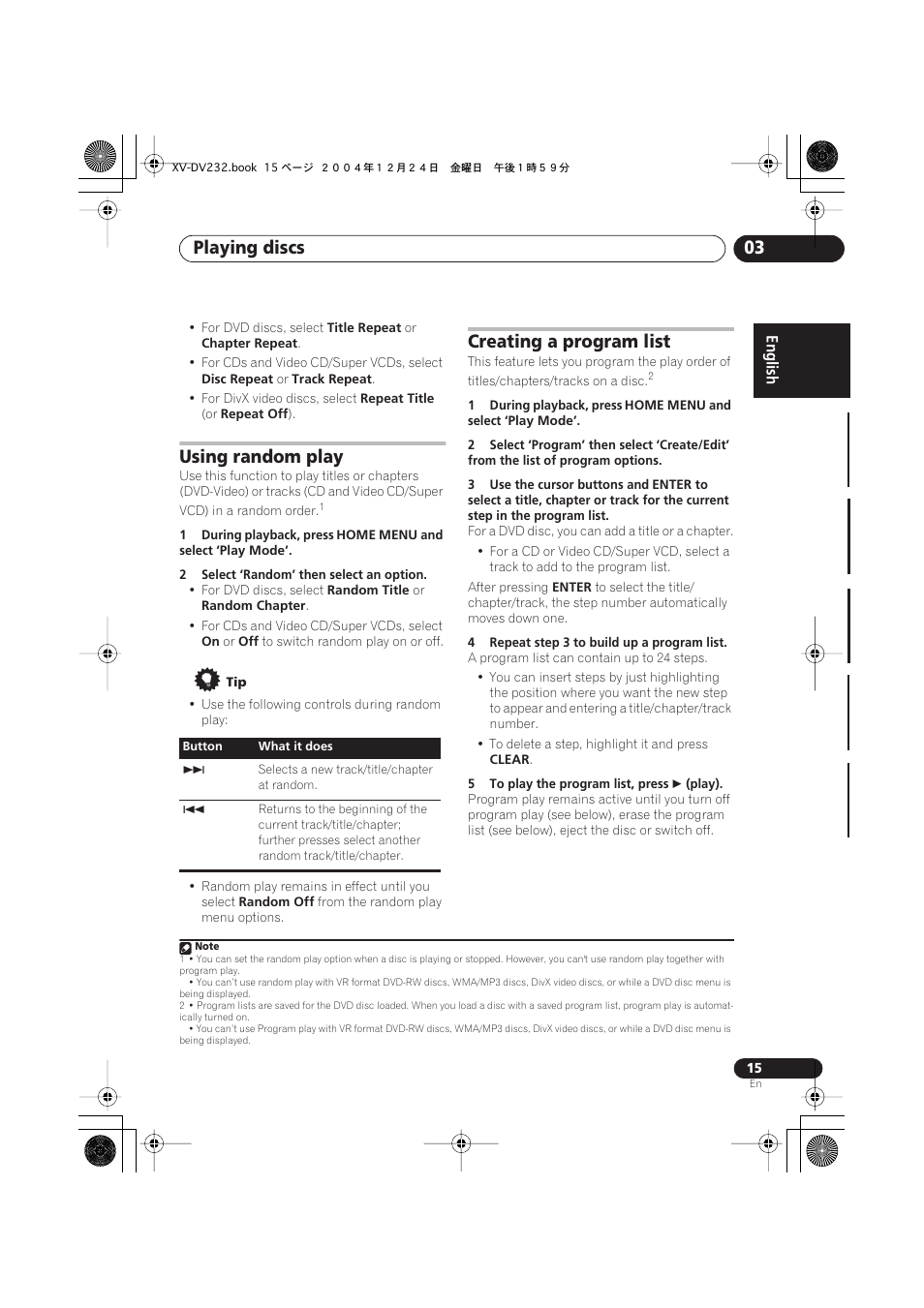 Using random play, Creating a program list, Playing discs 03 | Pioneer DCS-240 User Manual | Page 15 / 120