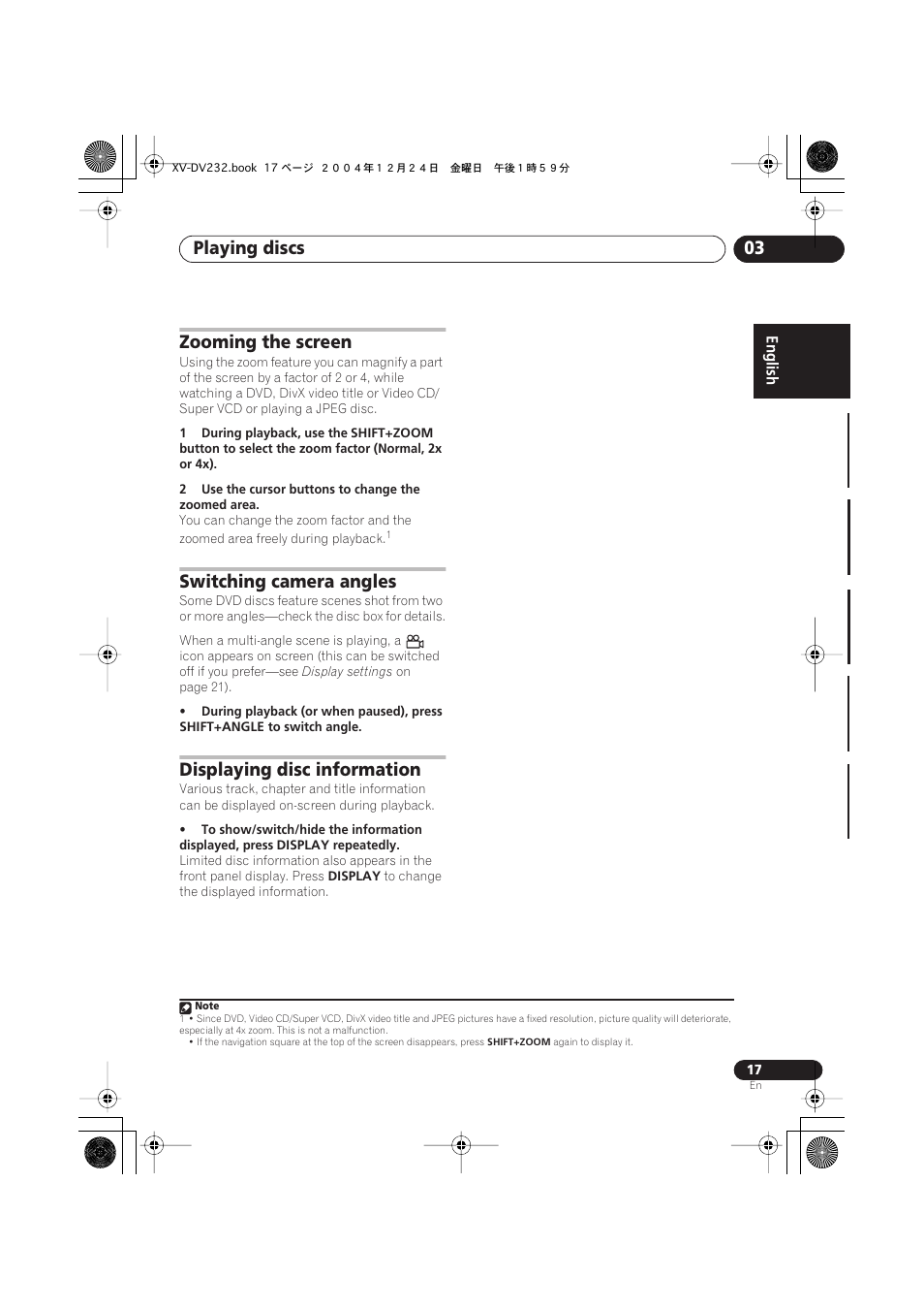 Zooming the screen, Switching camera angles, Displaying disc information | Playing discs 03 | Pioneer DCS-240 User Manual | Page 17 / 120