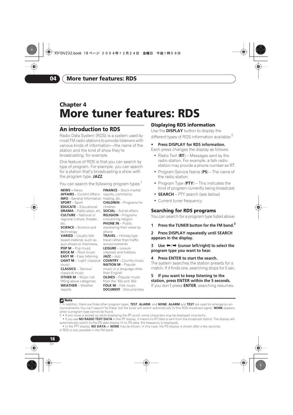 04 more tuner features: rds, An introduction to rds, Displaying rds information | Searching for rds programs, More tuner features: rds, More tuner features: rds 04, Chapter 4 | Pioneer DCS-240 User Manual | Page 18 / 120