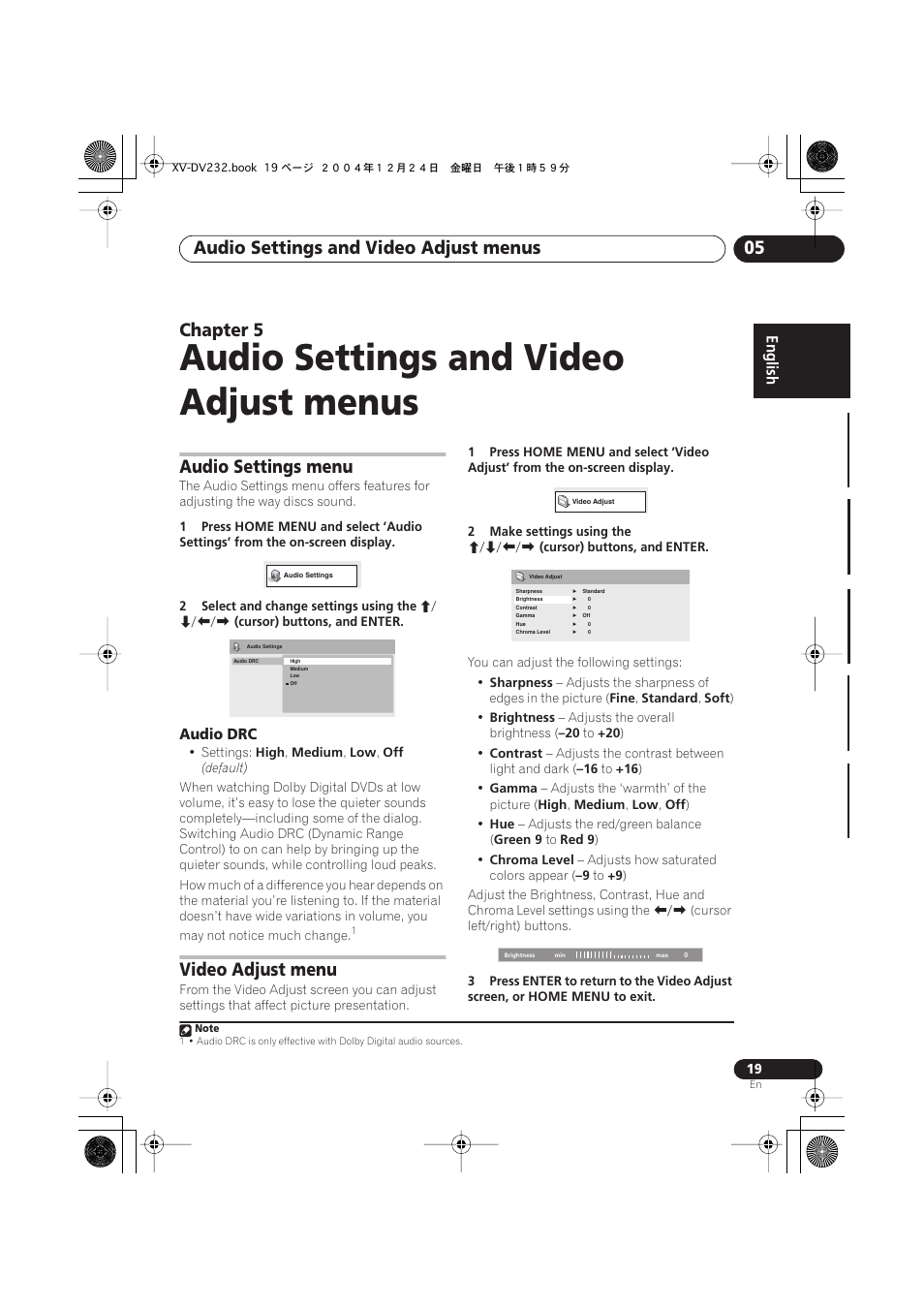 05 audio settings and video adjust menus, Audio settings menu, Audio drc | Video adjust menu, Audio settings and video adjust menus, Audio settings and video adjust menus 05, Chapter 5 | Pioneer DCS-240 User Manual | Page 19 / 120