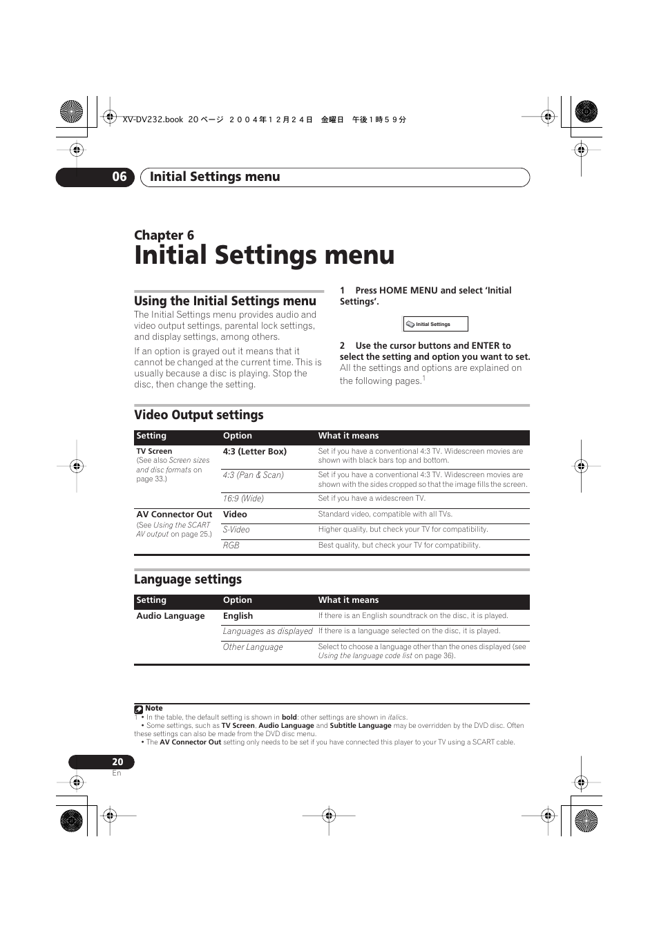 06 initial settings menu, Using the initial settings menu, Video output settings | Language settings, Initial settings menu, Initial settings menu 06, Chapter 6 | Pioneer DCS-240 User Manual | Page 20 / 120