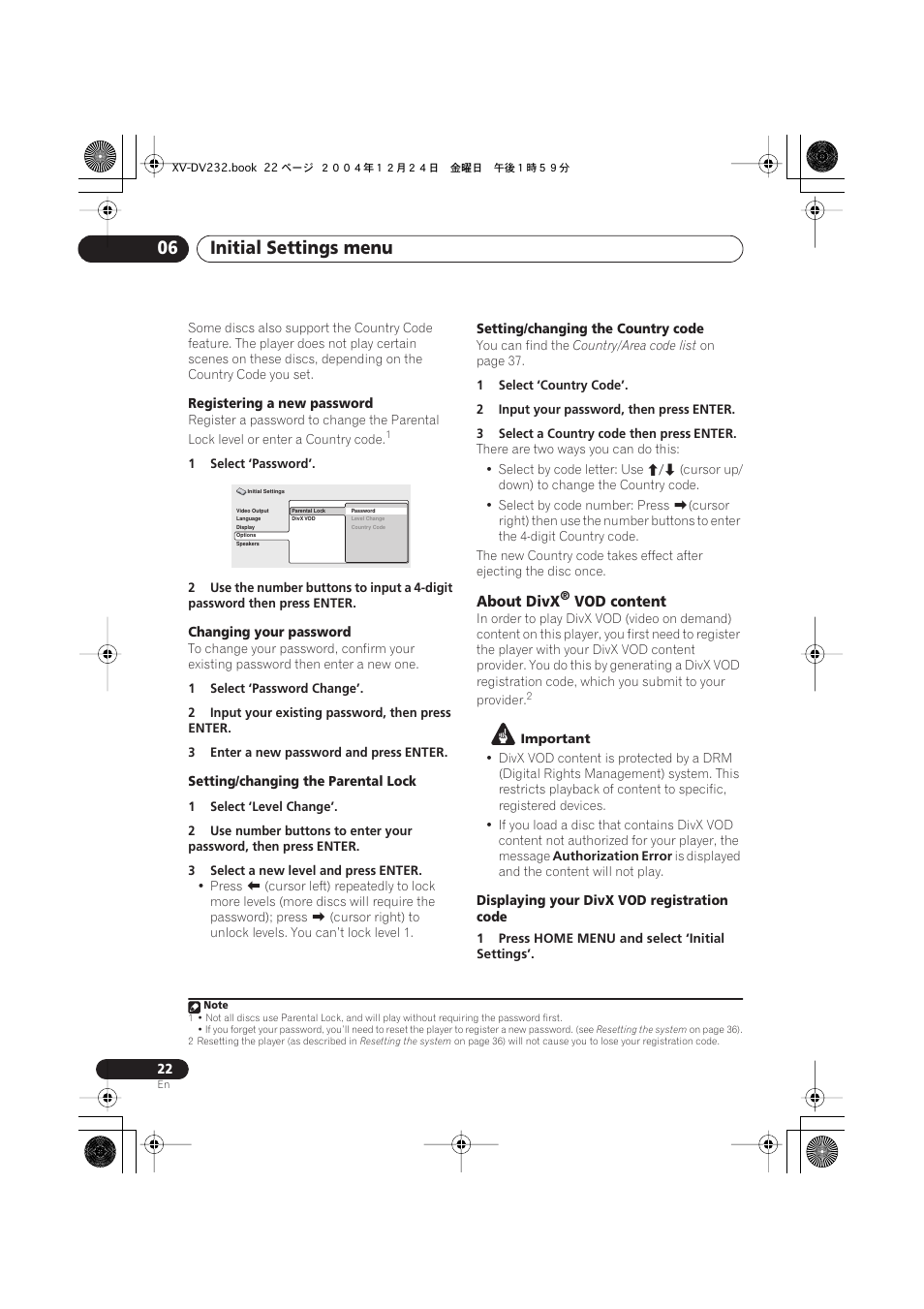 About divx® vod content, Initial settings menu 06, About divx | Vod content | Pioneer DCS-240 User Manual | Page 22 / 120