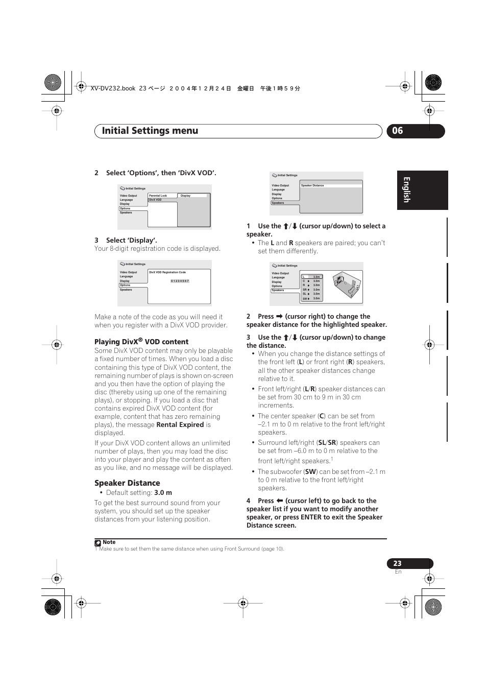 Speaker distance, Initial settings menu 06 | Pioneer DCS-240 User Manual | Page 23 / 120