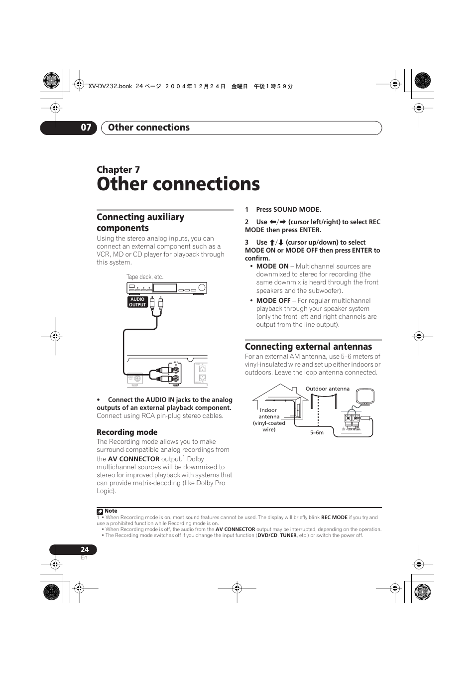 07 other connections, Connecting auxiliary components, Recording mode | Connecting external antennas, Other connections, Other connections 07, Chapter 7 | Pioneer DCS-240 User Manual | Page 24 / 120