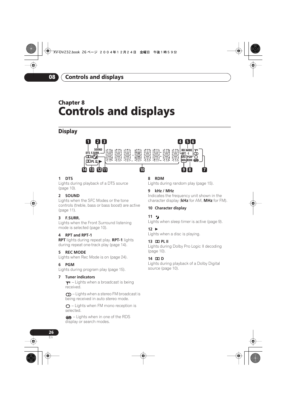 08 controls and displays, Display, Controls and displays | Controls and displays 08, Chapter 8 | Pioneer DCS-240 User Manual | Page 26 / 120