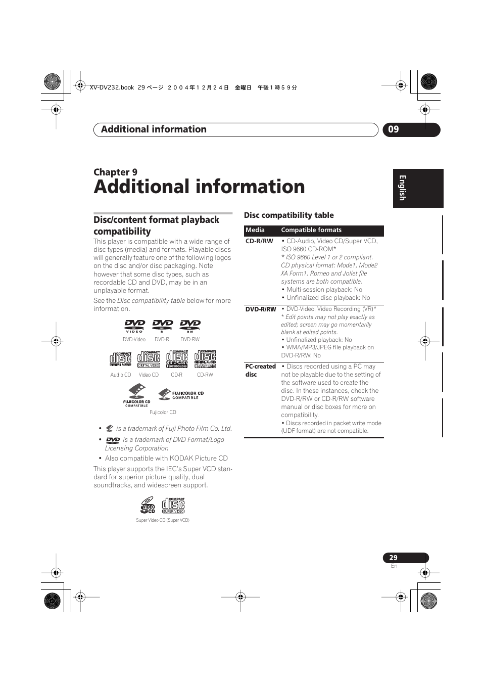 09 additional information, Disc/content format playback compatibility, Disc compatibility table | Additional information, Additional information 09, Chapter 9 | Pioneer DCS-240 User Manual | Page 29 / 120