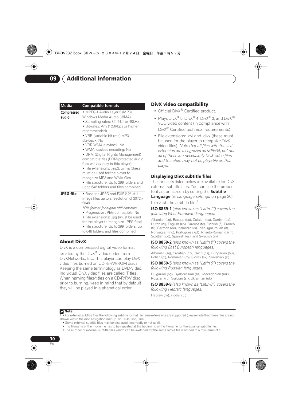 About divx, Divx video compatibility, Additional information 09 | Pioneer DCS-240 User Manual | Page 30 / 120