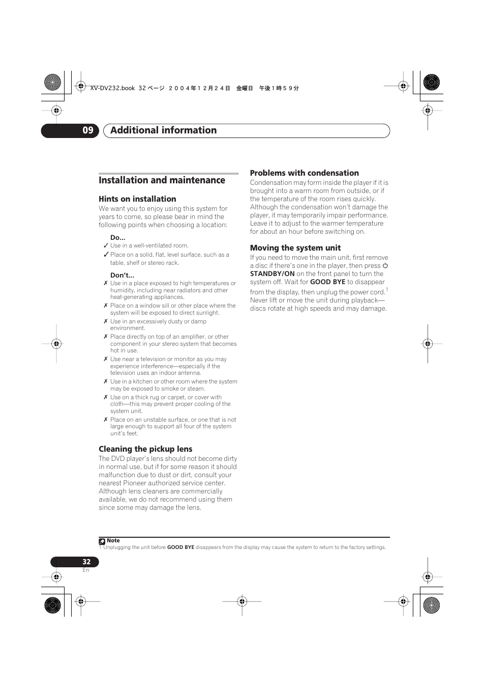 Installation and maintenance, Hints on installation, Cleaning the pickup lens | Problems with condensation, Moving the system unit, Additional information 09 | Pioneer DCS-240 User Manual | Page 32 / 120