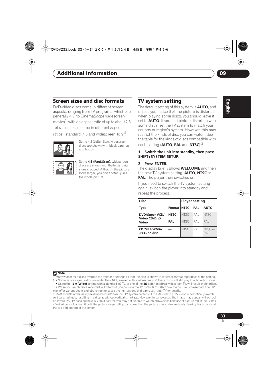 Screen sizes and disc formats, Tv system setting, Additional information 09 | Pioneer DCS-240 User Manual | Page 33 / 120