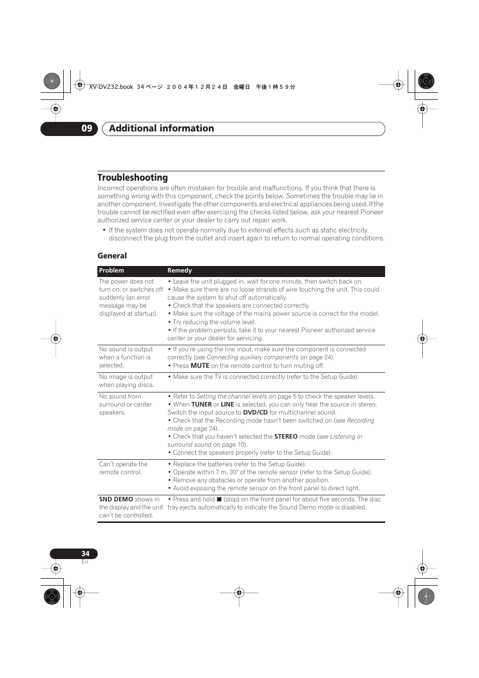 Troubleshooting, General, Additional information 09 | Pioneer DCS-240 User Manual | Page 34 / 120