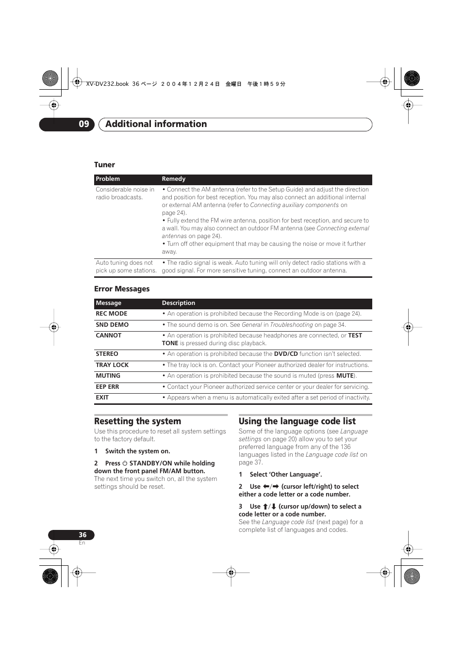 Tuner, Error messages, Resetting the system | Using the language code list, Additional information 09 | Pioneer DCS-240 User Manual | Page 36 / 120