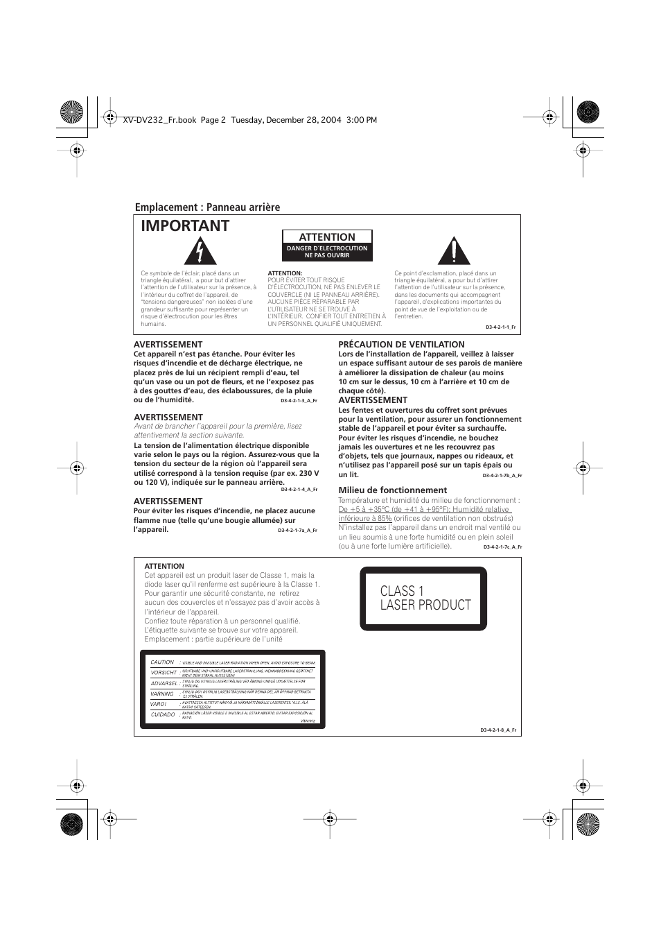 Important, Class 1 laser product, Emplacement : panneau arrière | Attention | Pioneer DCS-240 User Manual | Page 40 / 120