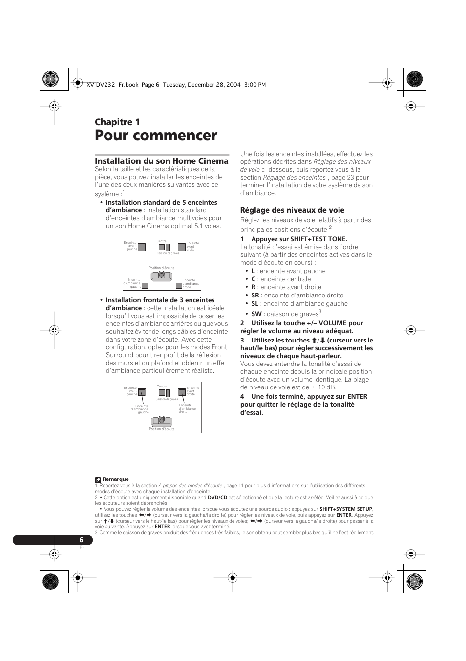 01 pour commencer, Installation du son home cinema, Réglage des niveaux de voie | Pour commencer, Chapitre 1 | Pioneer DCS-240 User Manual | Page 44 / 120