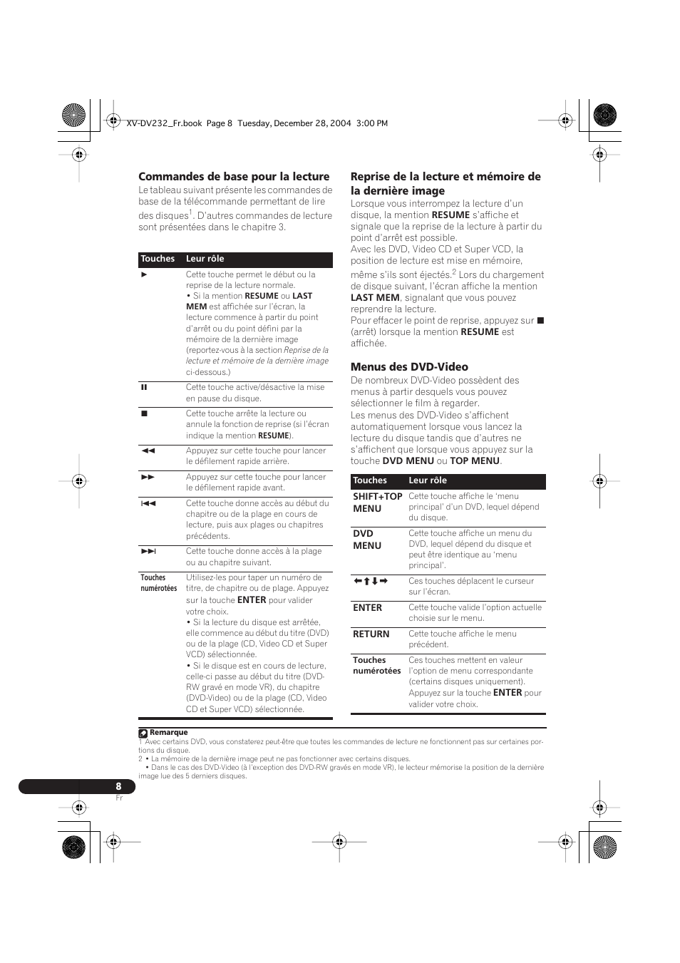 Commandes de base pour la lecture, Menus des dvd-video | Pioneer DCS-240 User Manual | Page 46 / 120