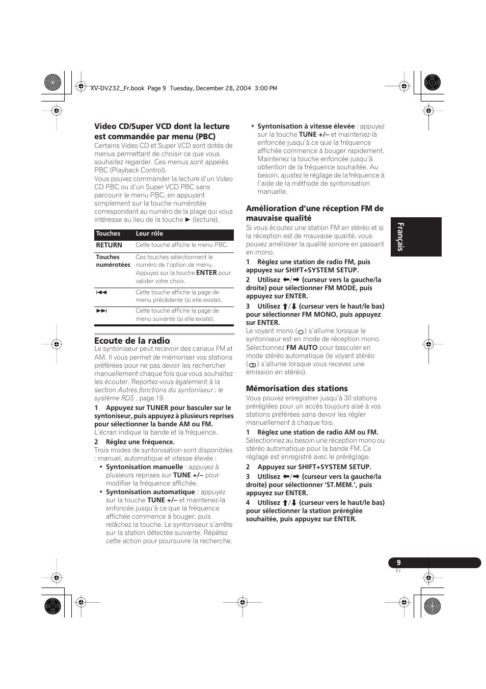 Ecoute de la radio, Mémorisation des stations | Pioneer DCS-240 User Manual | Page 47 / 120
