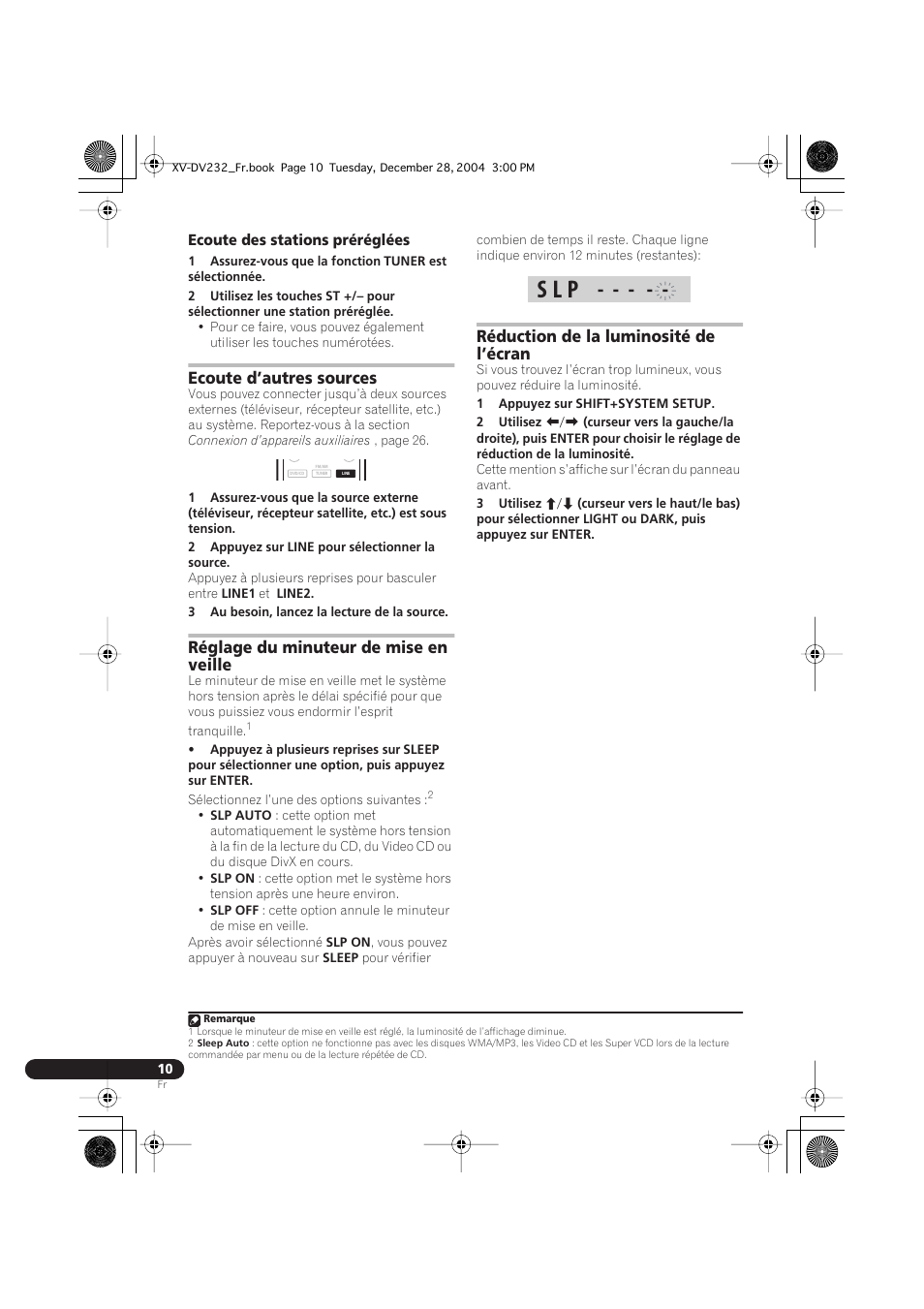 Ecoute des stations préréglées, Ecoute d’autres sources, Réglage du minuteur de mise en veille | Réduction de la luminosité de l’écran, S l p | Pioneer DCS-240 User Manual | Page 48 / 120