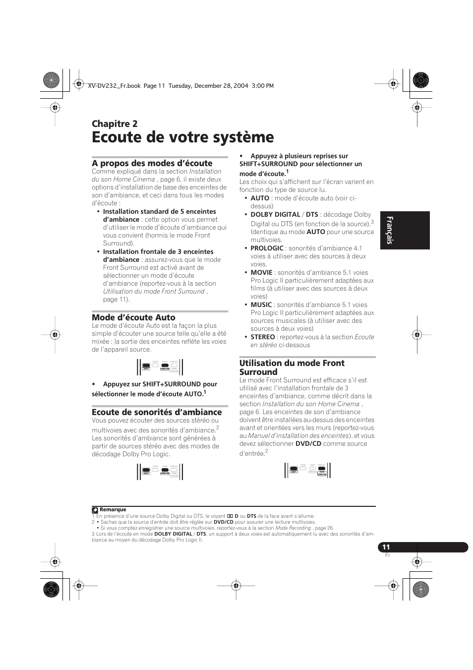 02 ecoute de votre système, A propos des modes d’écoute, Mode d’écoute auto | Ecoute de sonorités d’ambiance, Utilisation du mode front surround, Ecoute de votre système, Chapitre 2, English français deutsch | Pioneer DCS-240 User Manual | Page 49 / 120