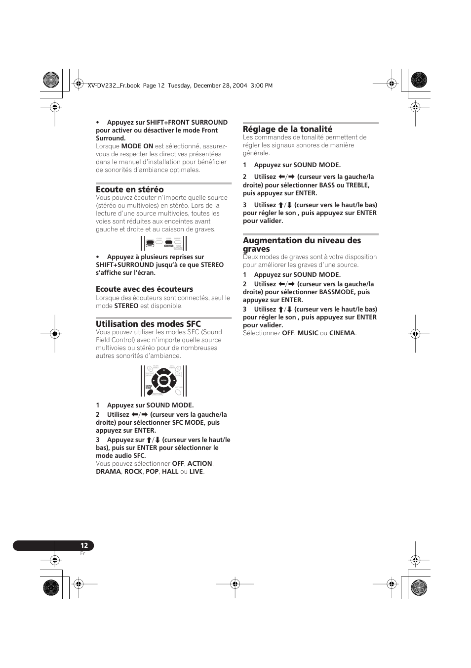 Ecoute en stéréo, Ecoute avec des écouteurs, Utilisation des modes sfc | Réglage de la tonalité, Augmentation du niveau des graves | Pioneer DCS-240 User Manual | Page 50 / 120