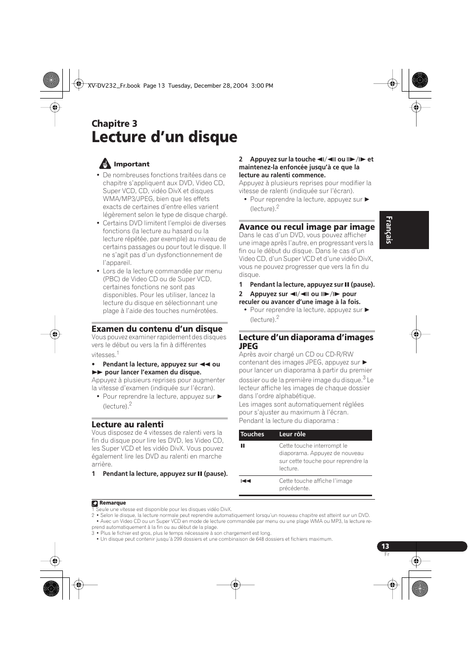 03 lecture d’un disque, Examen du contenu d’un disque, Lecture au ralenti | Avance ou recul image par image, Lecture d’un diaporama d’images jpeg, Lecture d’un disque, Chapitre 3 | Pioneer DCS-240 User Manual | Page 51 / 120