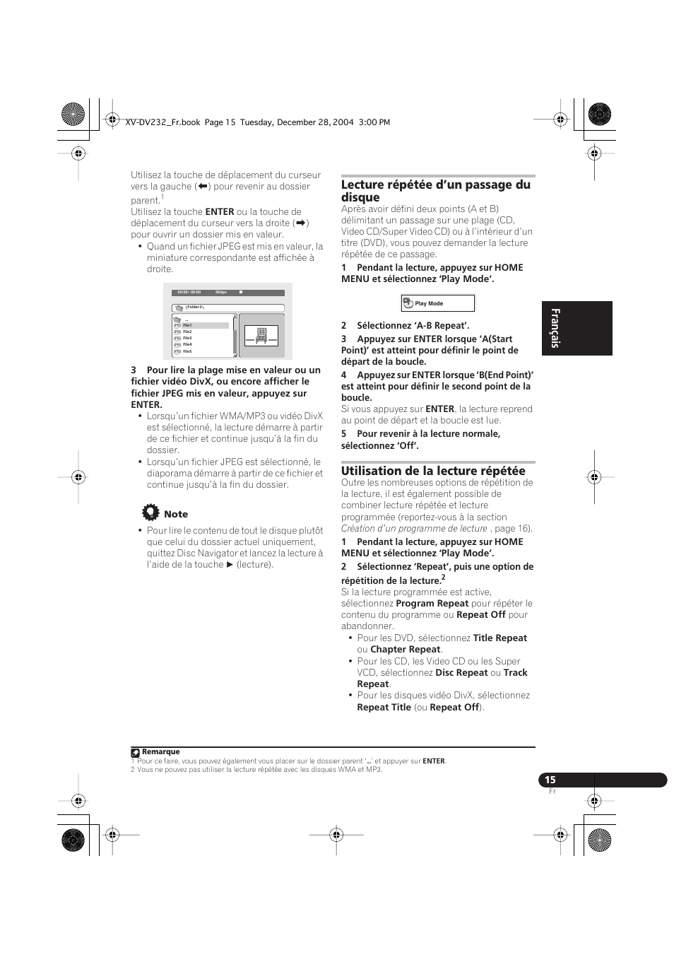 Lecture répétée d’un passage du disque, Utilisation de la lecture répétée | Pioneer DCS-240 User Manual | Page 53 / 120