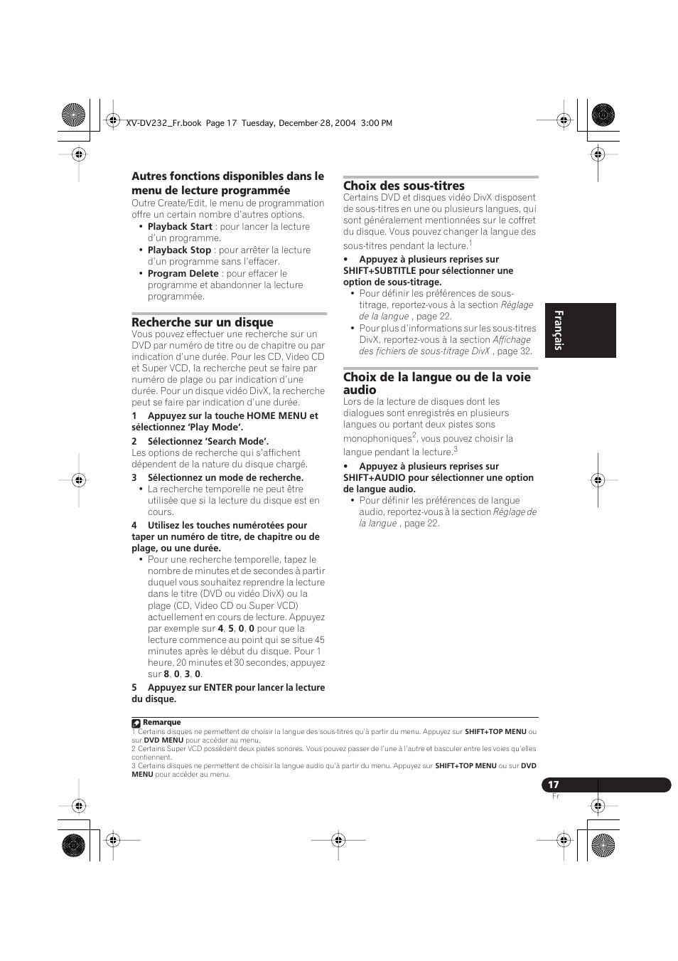 Recherche sur un disque, Choix des sous-titres, Choix de la langue ou de la voie audio | Pioneer DCS-240 User Manual | Page 55 / 120